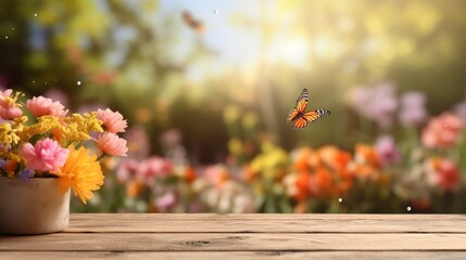 Empty old wooden table with spring flower and butterfly and sunny garden bokeh background