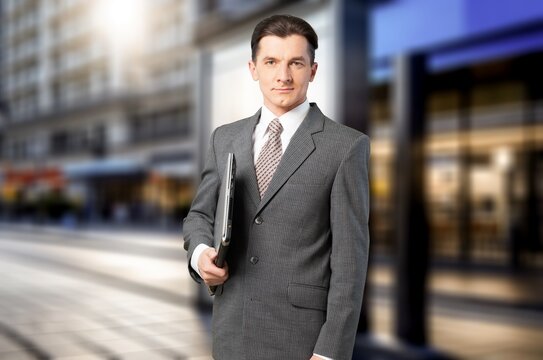 Business man posing at city street, AI generated image