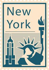 Flat bluish and pinkish detailed postcard stamp with EMPIRE STATE BUILDING and STATUE OF LIBERTY famous landmark and symbol of the American city of NEW YORK CITY, UNITED STATES OF AMERICA