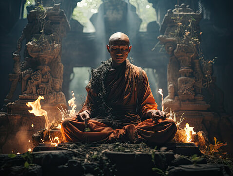 A monk silently prays in an ancient temple, where cigarette smoke curls up to bring peace.