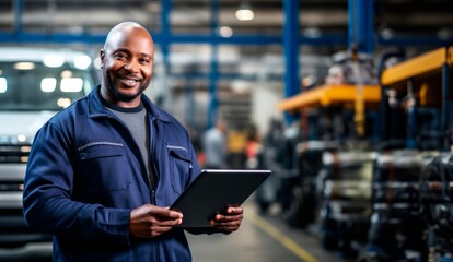 Smiling African american  car mechanic man holding a tablet computer in auto repair shop, African American mechanic man happy working in car garage