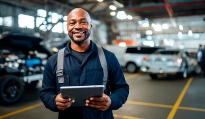 Smiling African american  car mechanic man holding a tablet computer in auto repair shop, African American mechanic man happy working in car garage - obrazy, fototapety, plakaty