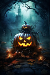 halloween background with pumpkin , spooky, orange, celebration, october, evil, black, design, ghost, silhouette, lantern, cartoon, tree, face