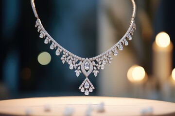 Elegant Jewelry Display - Close-up of a diamond necklace on a velvet stand, highlighting its intricate design - Product Shot - AI Generated - obrazy, fototapety, plakaty