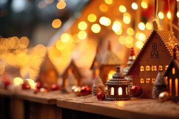 Festive Christmas Market - Close-up of a wooden stall displaying handcrafted ornaments amidst twinkling fairy lights - AI Generated - obrazy, fototapety, plakaty
