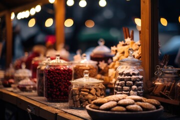 Christmas Market Gourmet Delights - A stall showcasing traditional Christmas treats - roasted chestnuts - AI Generated