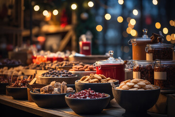 Christmas Market Gourmet Delights - A stall showcasing traditional Christmas treats - roasted chestnuts and mulled wine - AI Generated