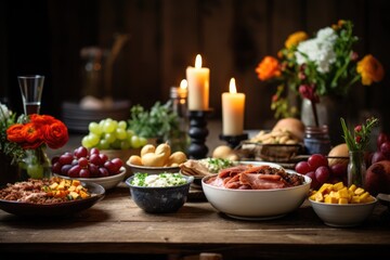 Fototapeta na wymiar InstaFood Rustic Spread - A hearty meal spread out on a wooden table, capturing a rustic charm - AI Generated
