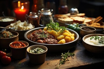 InstaFood Rustic Spread - A hearty meal spread out on a wooden table, capturing a rustic charm - AI Generated