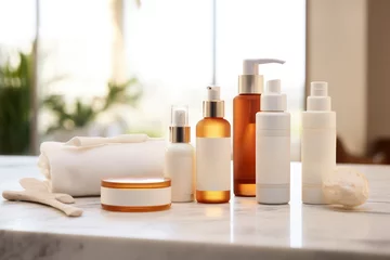 Fotobehang Product Shot of Organic Skincare - A line-up of eco-friendly skincare products on a marble counter - Blank Label - AI Generated © Arthur