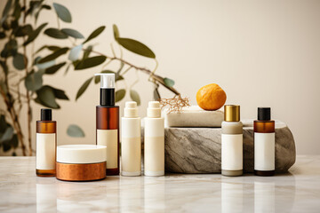 Fototapeta na wymiar Product Shot of Organic Skincare - A line-up of eco-friendly skincare products on a marble counter - Blank Label - AI Generated