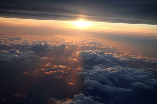 View of sunset amidst clouds from airplane window. Generative AI