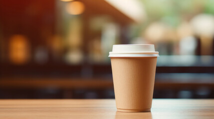 a paper cup of coffee on a wooden table , coffee shop,work, object