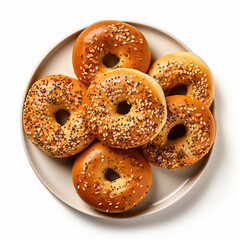 Bagels on plate top view on isolated white background - ai generative