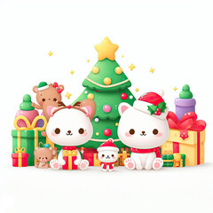 Obraz na płótnie Canvas White background, cute character, Christmas tree with toys