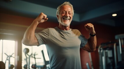 Elderly people exercise happily in the gym, take care of their health.