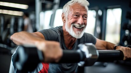 Fototapeta na wymiar Elderly people exercise happily in the gym, take care of their health.