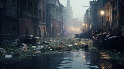 The garbage in the canal of the bustling city, which has buildings on both sides, contributes to environmental pollution and causes an overflowing garbage problem.
