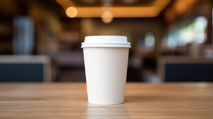 a paper cup of coffee on a wooden table , coffee shop,work, object