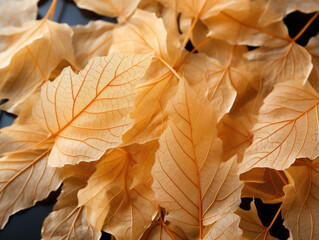 Close-up of fiber structure in dry leaves texture background. Autumn foliage branches, leaf veins abstract cell patterns for creative banner design or greeting card.