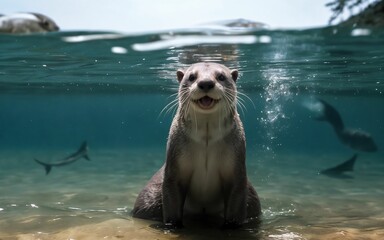 Fototapeta premium Playful Otter Diving and Splashing in the Crystal-Clear Lake ai generated