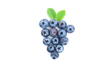 Fresh ripe blueberry fruits with green leaves  isolated on white background, Fresh Fruit, Healthy Fruit
