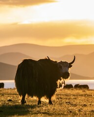 Scenic view of a yak on a meadow