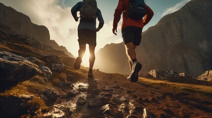 Running on a rocky trail, a close - up of a person's legs, detail of the shoe hitting the ground uphill. Healthy exercise concept. - obrazy, fototapety, plakaty
