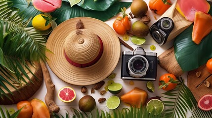 Flat lay composition with beach accessories on sea ​​green background