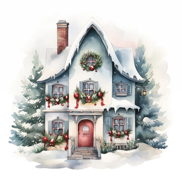 Watercolor small cute Сhristmas house, clipart element on white background