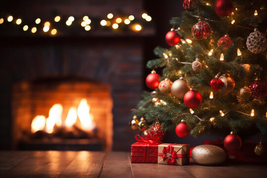 New Years Christmas festive background with burning fireplace. Christmas tree. Decorations, red gold balls and glowing bulbs on the tree.