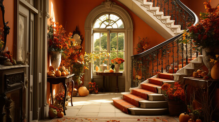 Fototapeta na wymiar Autumnal hallway decor, interior design, and house decor.