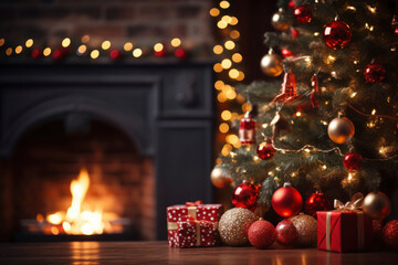 Fototapeta na wymiar New Years Christmas festive background with burning fireplace. Christmas tree. Decorations, red gold balls and glowing bulbs on the tree.