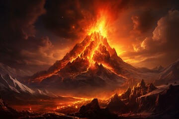Fire realm with volcano and magma. Norse mythology and Viking legends. Generative AI - obrazy, fototapety, plakaty