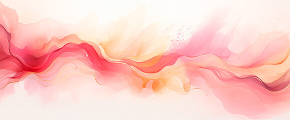 Ilustracion acuarela rosa amarillo oro - Fondo abstracto pintura formas liquidas  - obrazy, fototapety, plakaty