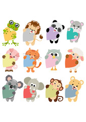 Set of cute  animals holding a heart