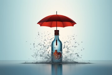 Dry january banner with a bottle of booze under an umbrella on a blue banner