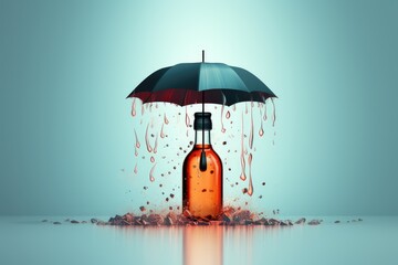 Dry january banner with a bottle of booze under an umbrella on a blue banner