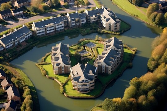 Aerial view of apartments near River Stort, Sawbridgeworth, Hertfordshire, UK. Generative AI