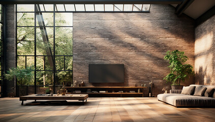 Salon interior con ventanal - Muro de ladrillo televisión - Luz natural plantas