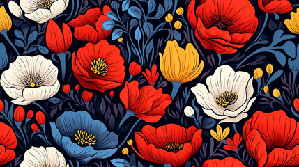 Ilustración flores estilo clásico patrón - Dibujo flor plantas silvestres 