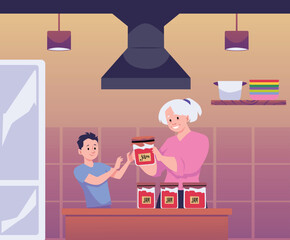 Grandmother gives grandson glass jar with fruit or berry jam, vector elderly woman regales the boy in the kitchen