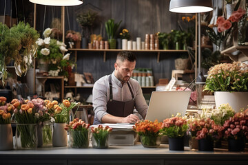 Bearded male sales assistant working on laptop behind sales desk of florists store.