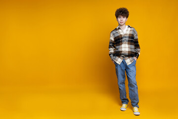 Attractive, curly boy teenager on a yellow background.