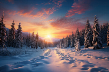 Fototapeta na wymiar Winter landscape. Winter forest in the rays of the setting sun