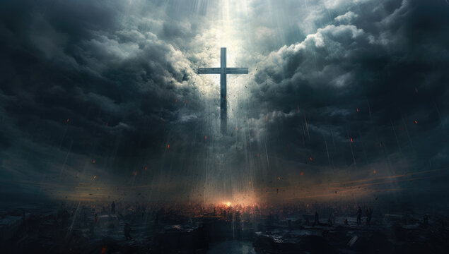 Christian cross on dramatic rainy sky