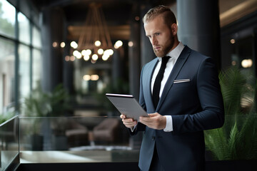 Fototapeta premium Handsome serious business man wearing suit and using tablet in corridor of modern company.