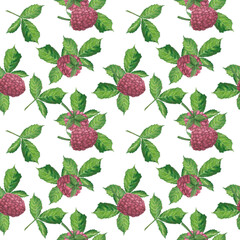 Seamless pattern of green leaves and raspberries on a white background. Watercolor illustration. Template for packaging design, postcards, invitations, wallpaper, printing, textiles