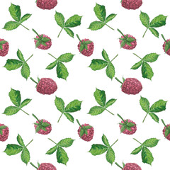 Seamless pattern of green leaves and raspberries on a white background. Watercolor illustration. Template for packaging design, postcards, invitations, wallpaper, printing, textiles