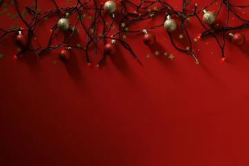 Fotobehang Christmas lights and balls on red background, space for text © Atlas
